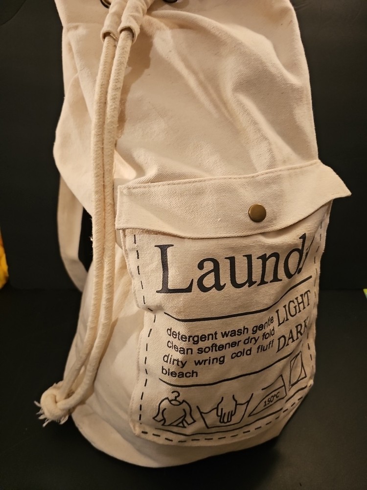 Laundry Hamper Bag with Adjustable Drawstring and Carrying Strap - Beige