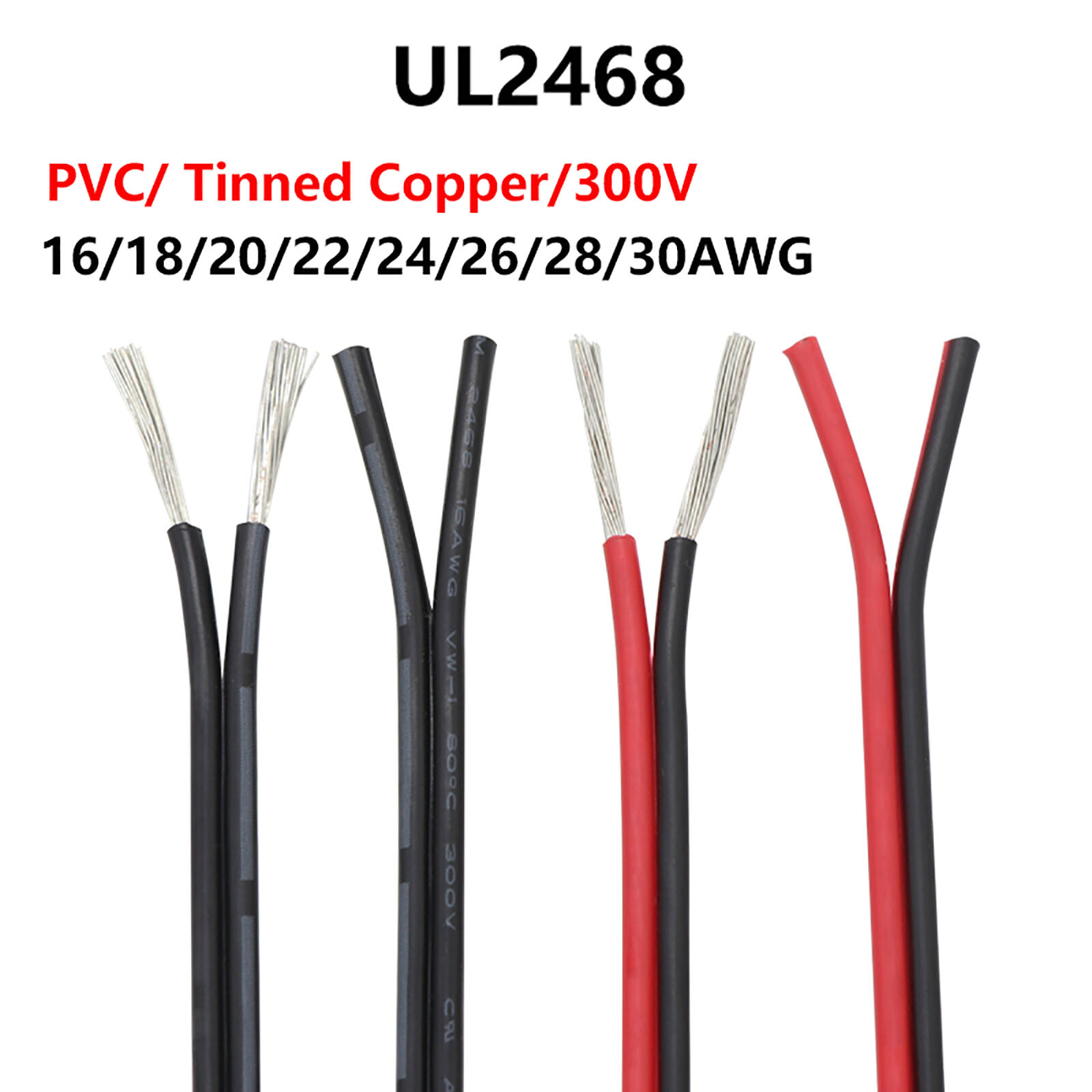 UL2468 2 Core Cable 16-28AWG Flat Ribbon Red & Black Stranded Electronic Wire