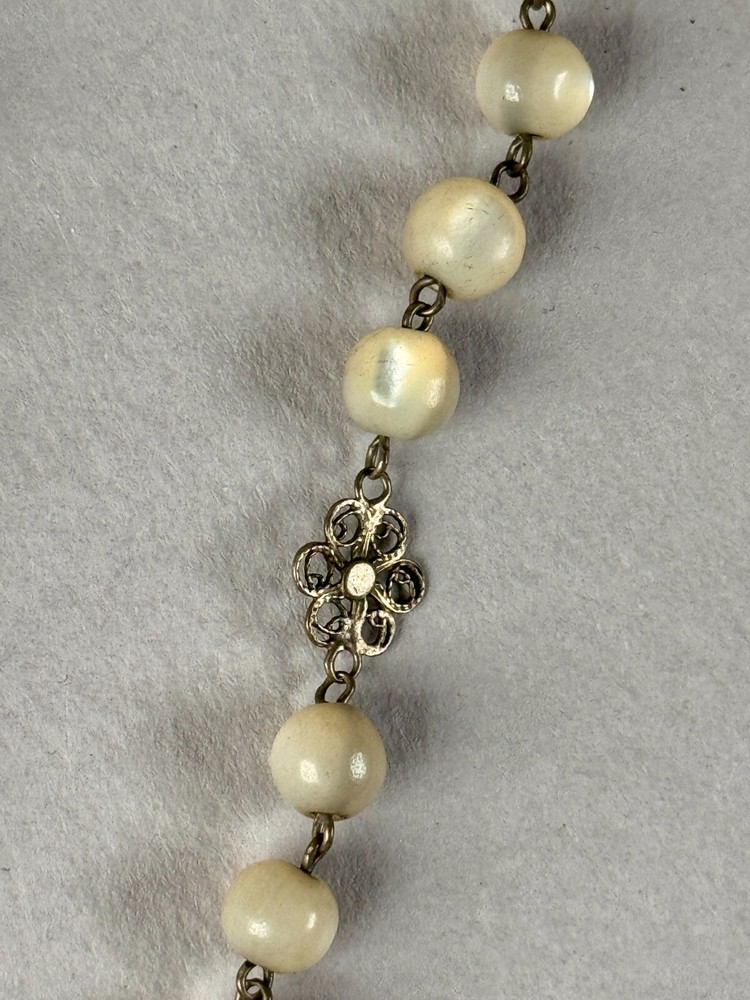 Antique MOP Balamuti Bead Rosary Filigree Silver Cross Crucifix Pendant Necklace