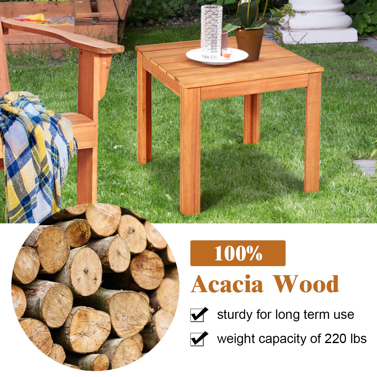 Acacia Wood Square Side End Table Patio Coffee Bistro Table for Backyard Natural