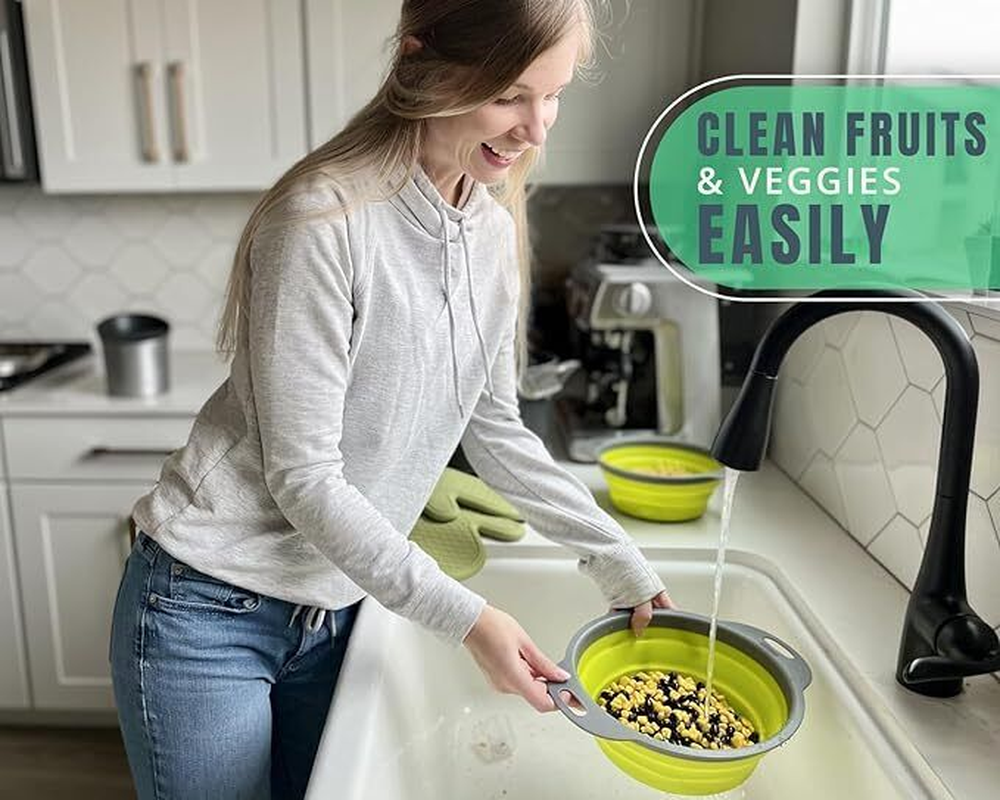 Collapsible Colanders, Space-Saving Food-Grade Silicone Strainers (Green)