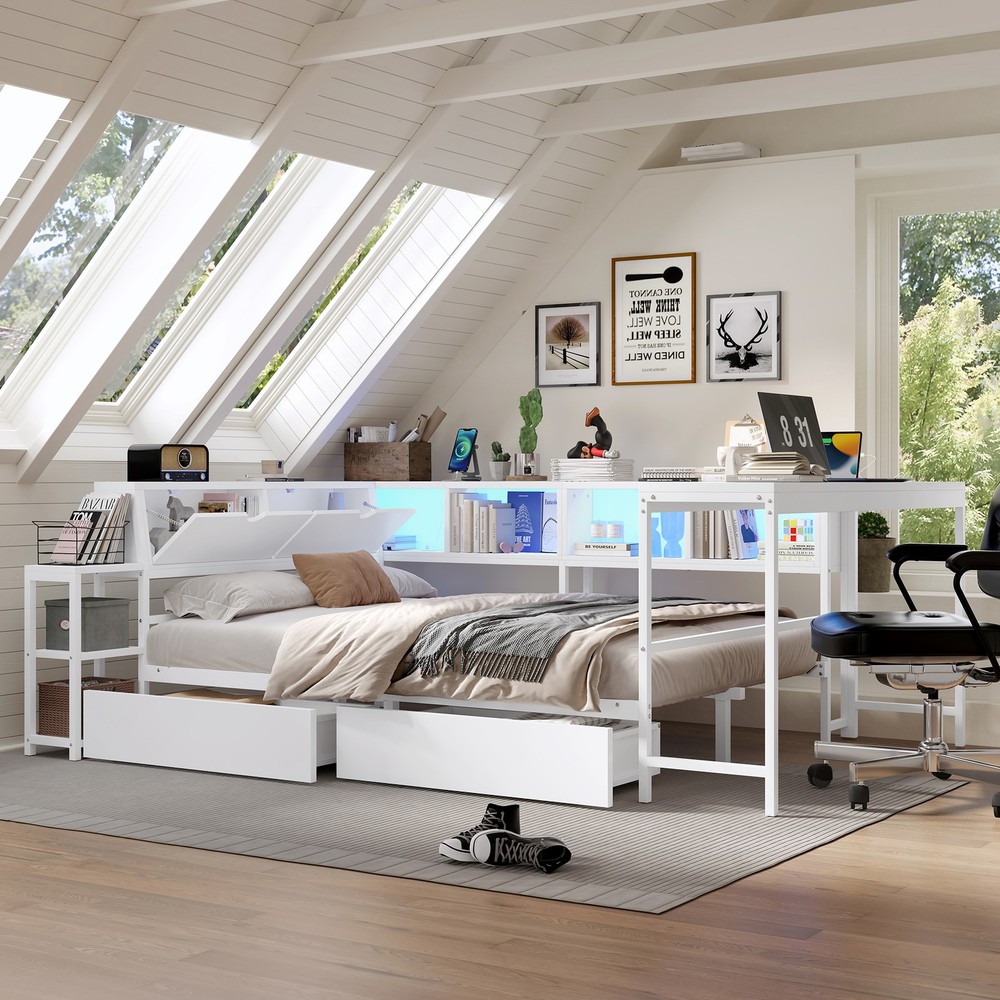 Corner Bed Frame Full Size with Bookcase and 2 Underbed Storage Drawers, Moder