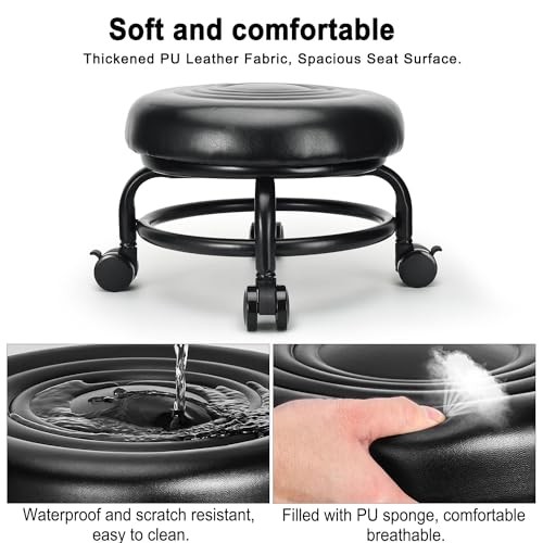 Low Height Rolling Stool Low Roller Stool PU Leather Comfortable Chair, Style 2