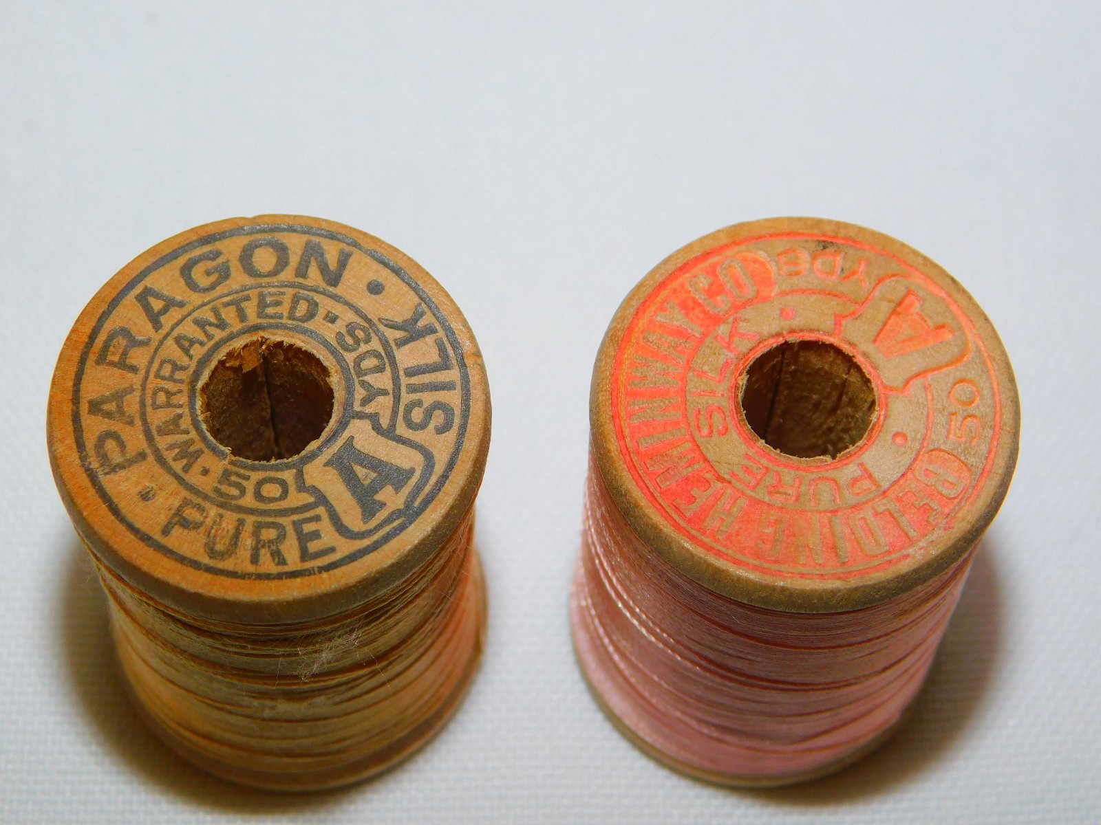 2 Vintage PARAGON BELDING HEMINWAY PURE SILK THREAD Wooden Spools Pink Ivory