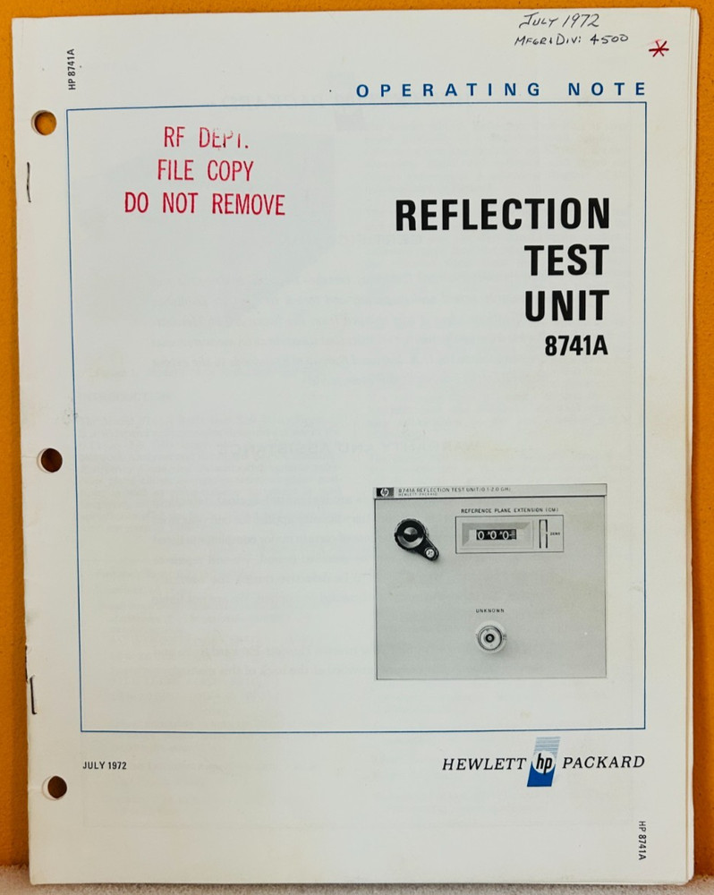 HP 08741-90006 1972 Model 8741A Reflection Test Unit Operating Note Manual.
