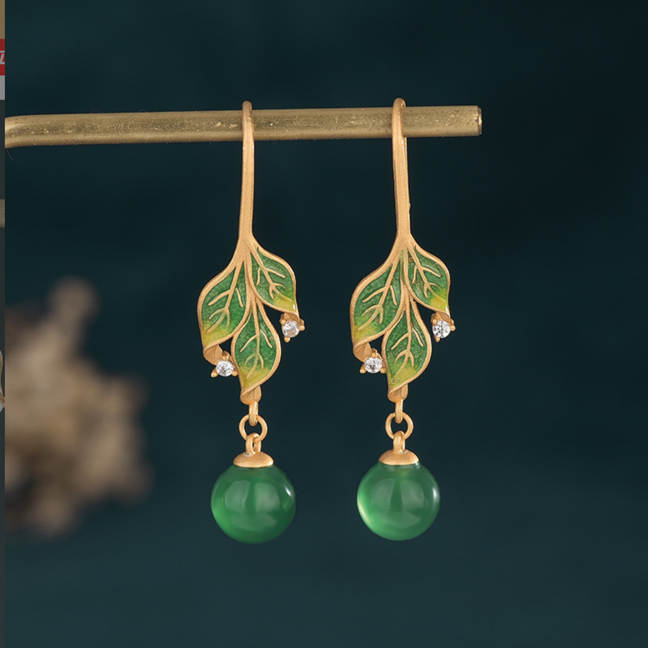 Green Jade Drop Dangle Earrings Boho Gemstone Leaf Design Hook 18K Gold Plated
