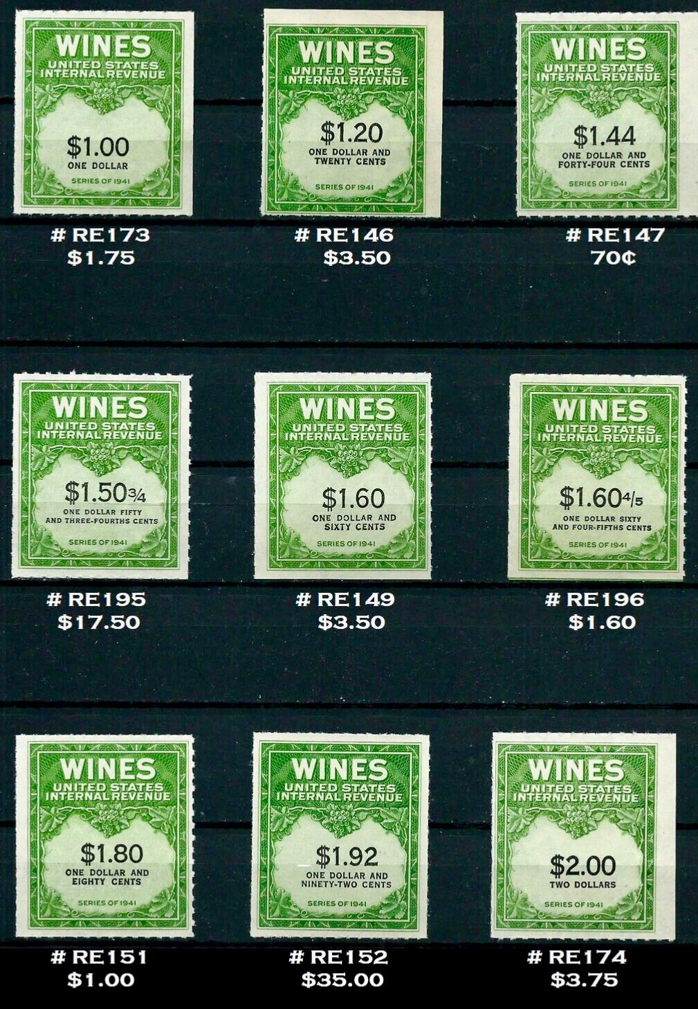 US #RE108/RE203 MNH 1942-1954 Wine Tax Internal Revenue Collection