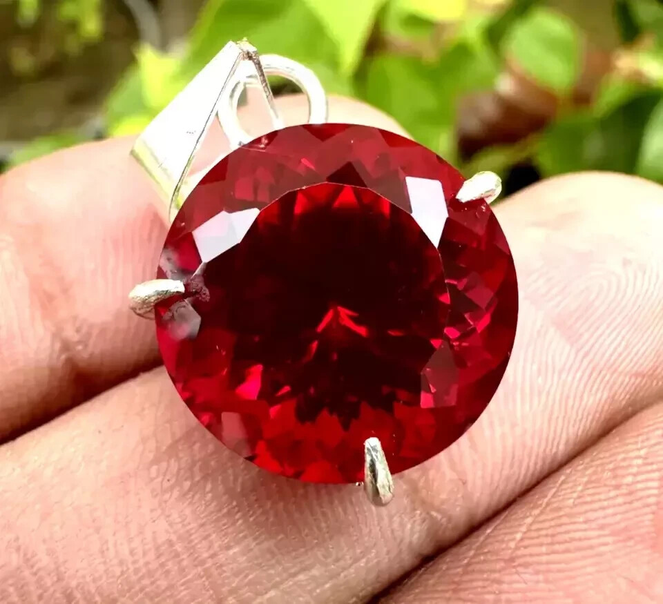Natural Red Ruby Round Certified 24 CT Loose Gemstone 925 Solid Silver Pendant