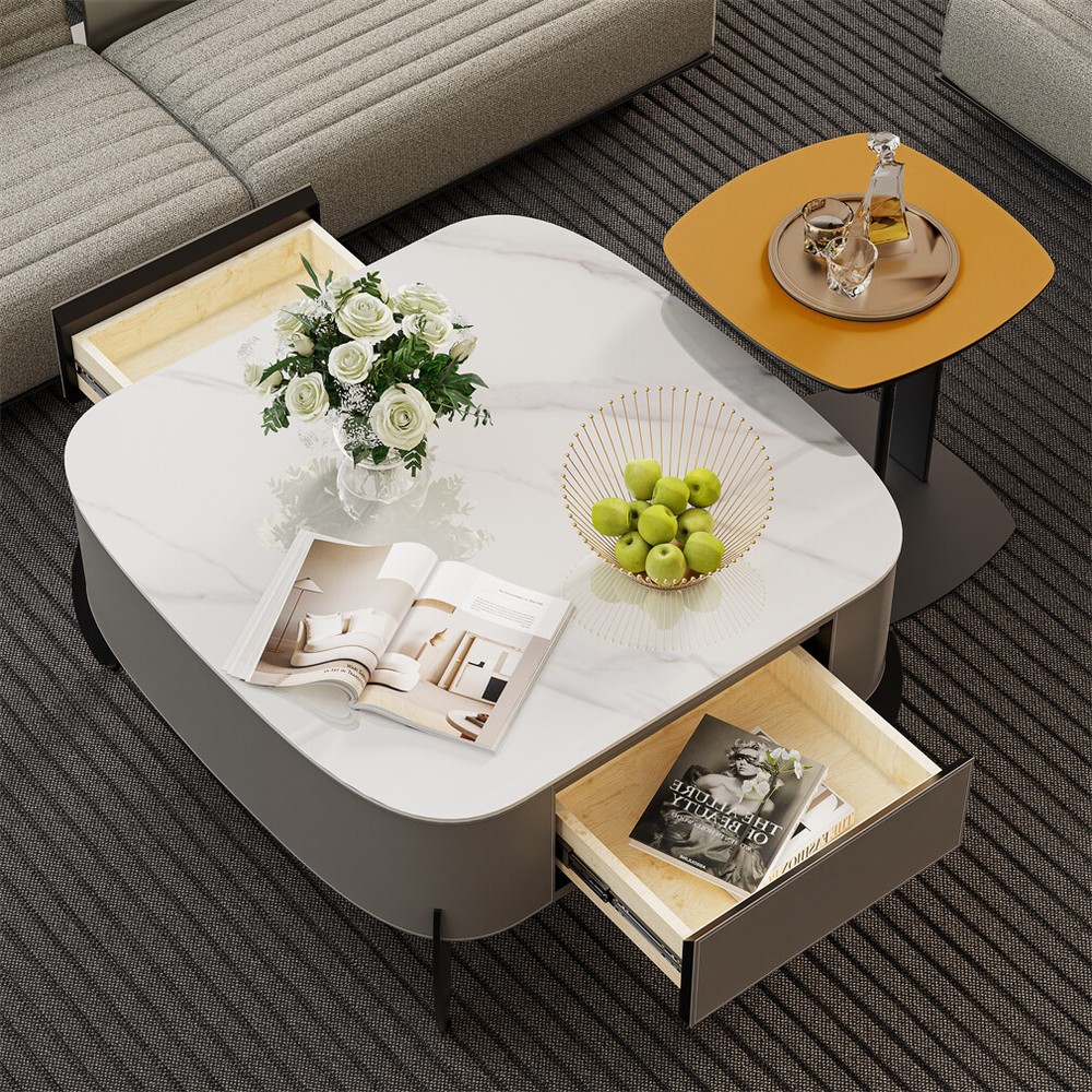 Luxury Side Coffee Table Microfiber Saddle Leather Living Room Table w/2 Drawers