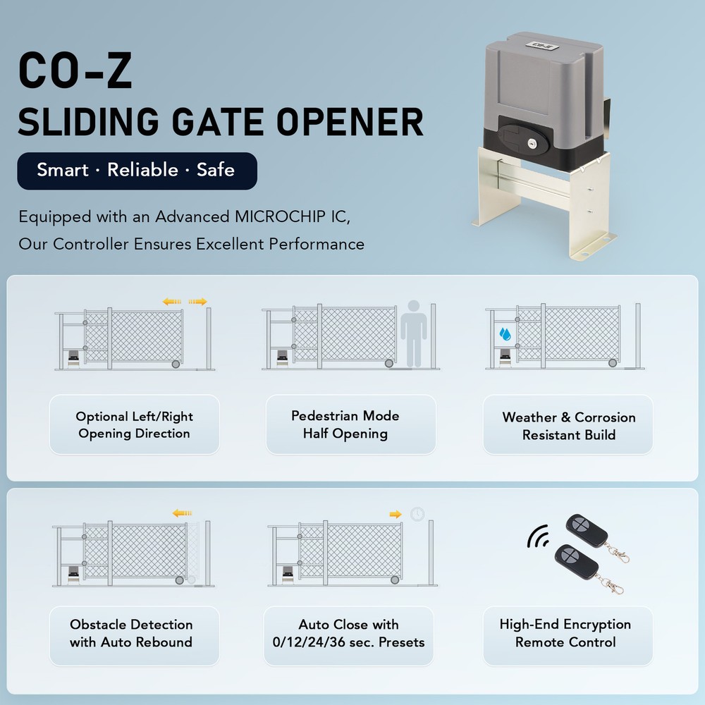CO-Z 1400Lb APP Control Automatic Gate Opener Operator with 2 Remote Controls