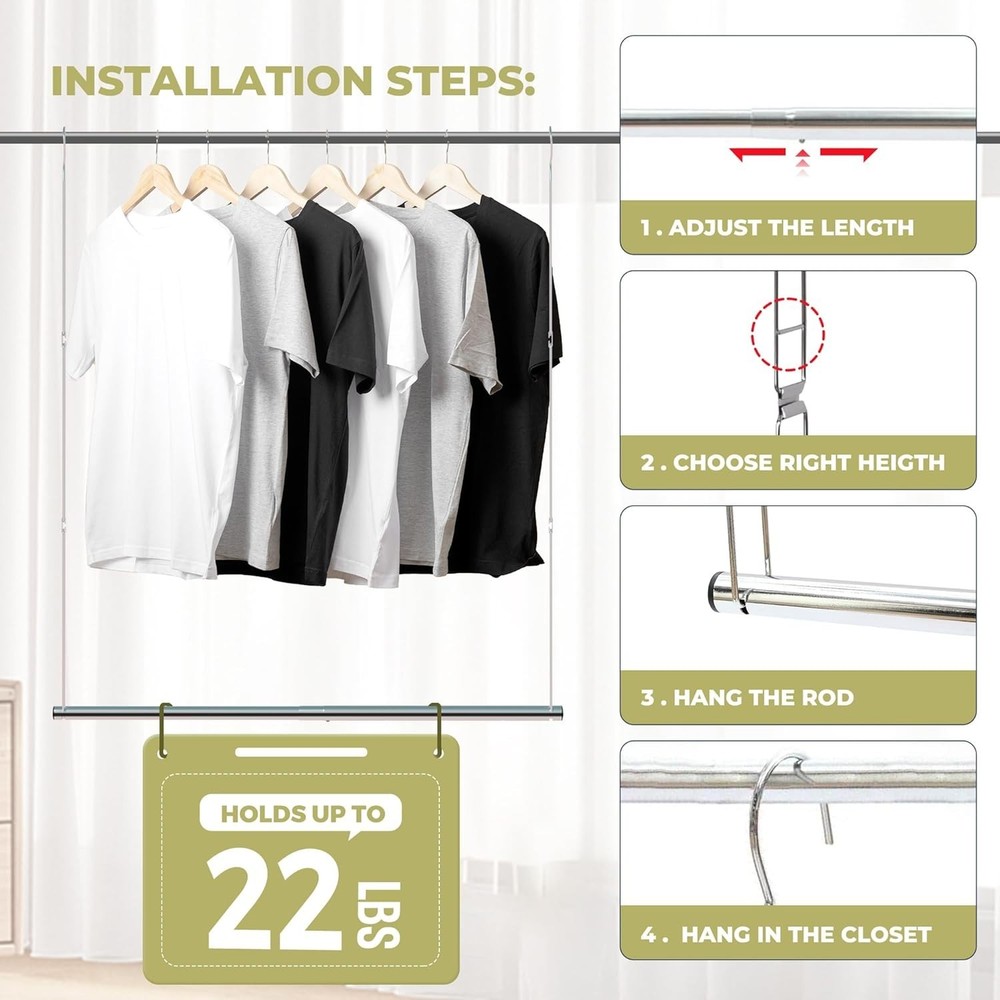 Effortless Setup Chrome Hanging Rod, Adjustable Width & Height, 22 lbs Support