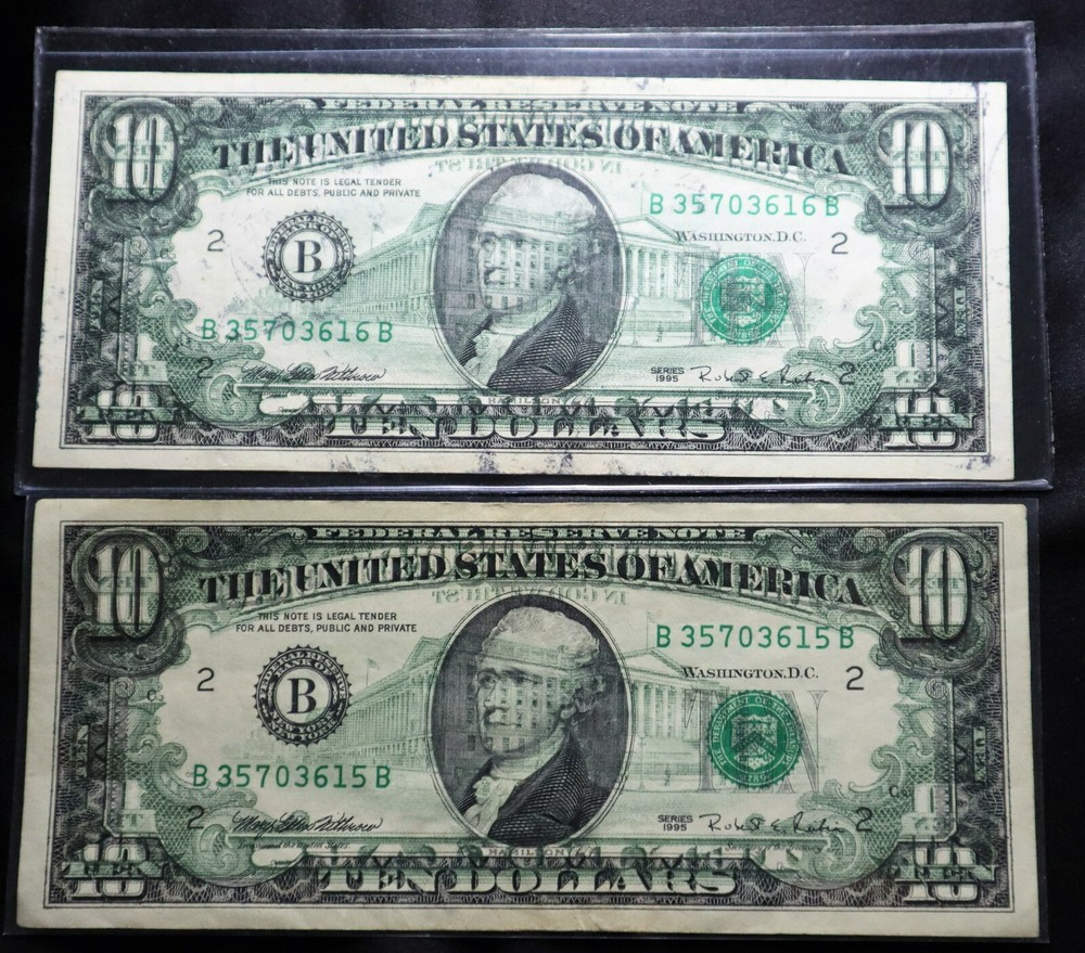 1995 $10 Offset Printing Error On Front 5 AMAZING NOTES, ALMOST UNCIRCULATED