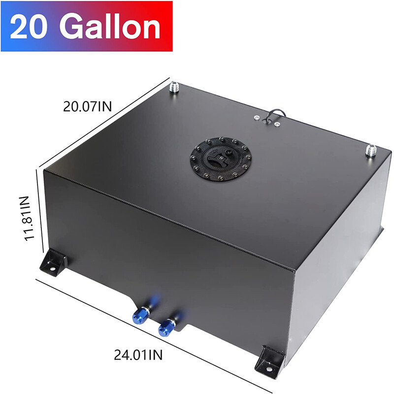 20 GALLON BLACK ALUMINUM FUEL CELL GAS TANK+CAP+LEVEL SENDER+STEEL FUEL LINE KIT
