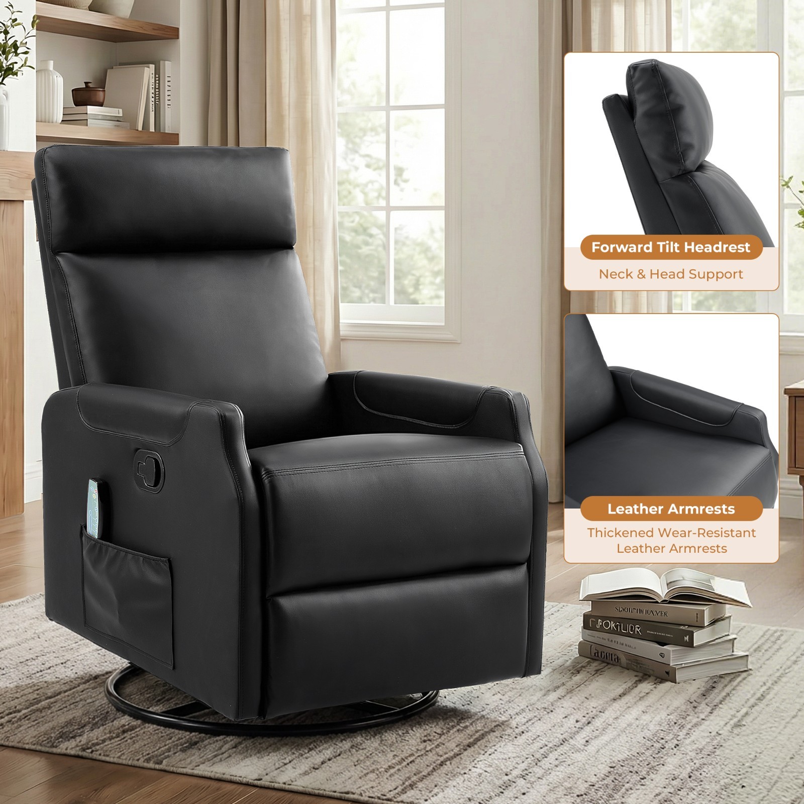 EBELLO Manual Swivel Recliner Chair with Massage & Heat, PU Leather Rocker Chair