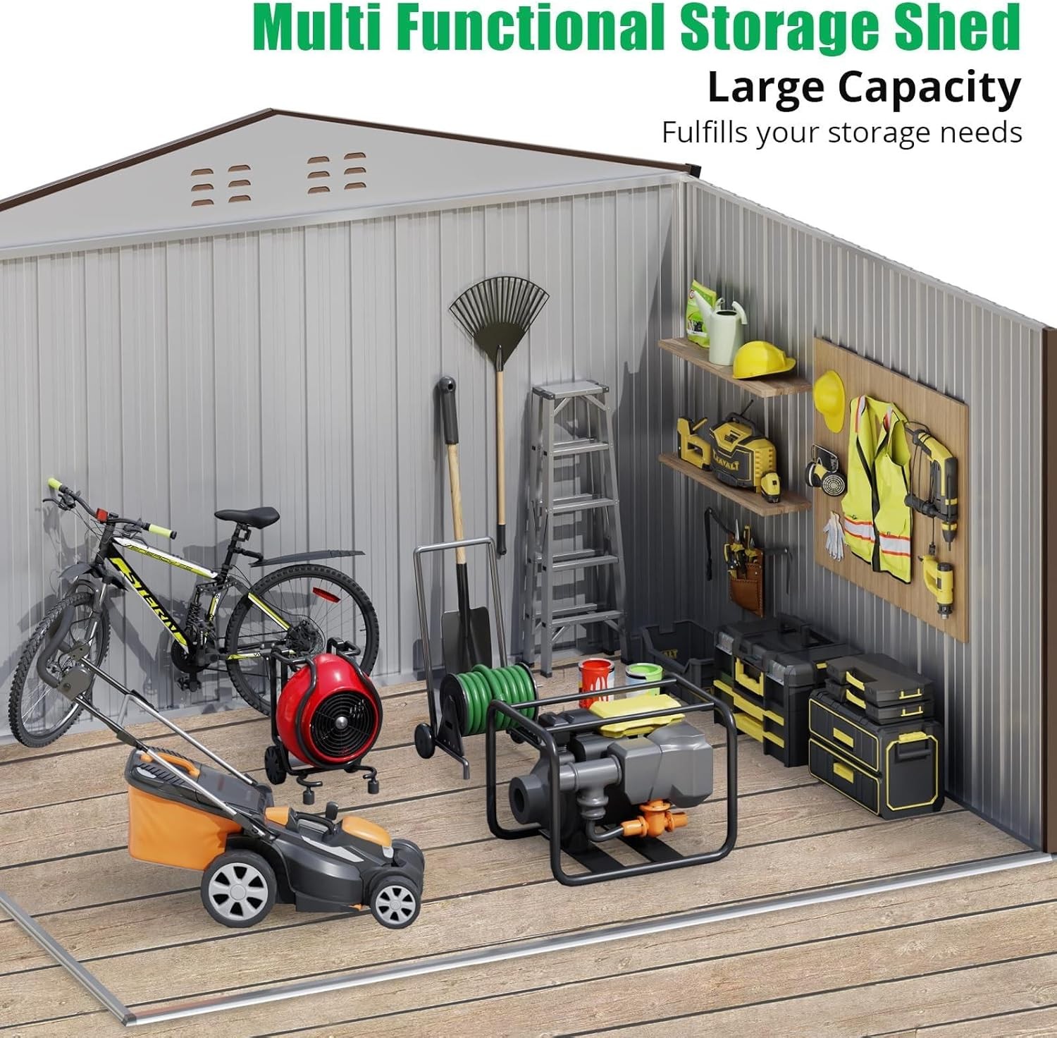 10x12 ft Metal Outdoor Storage Shed Galvanized Garden Shed with Lockable Doors