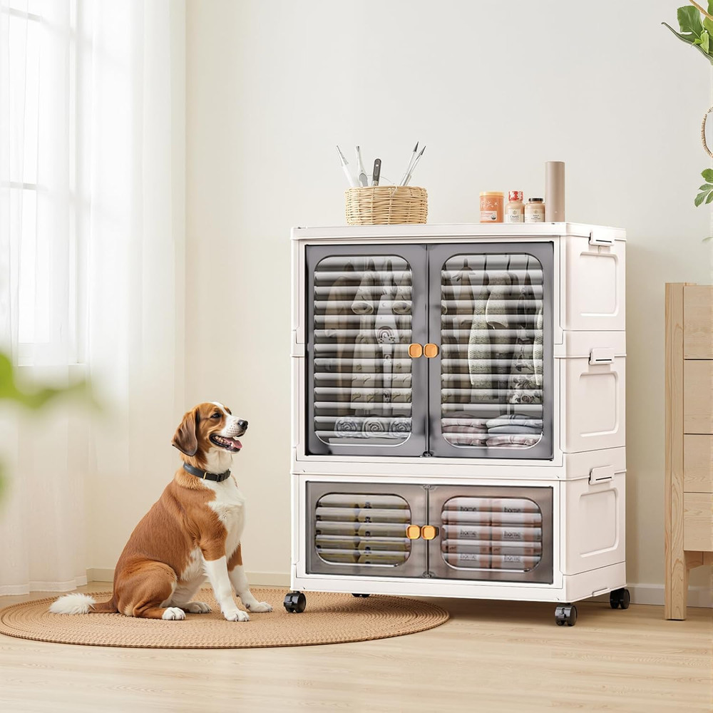 Stackable Storage Bins, Plastic Collapsible Storage Containers with Doors, Wheel