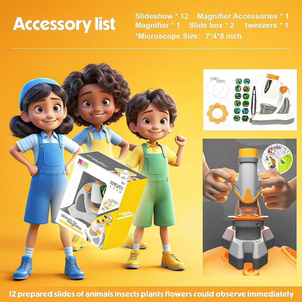 Microscope for Kids - 12 Slides, LED Light, Detachable kids Microscope