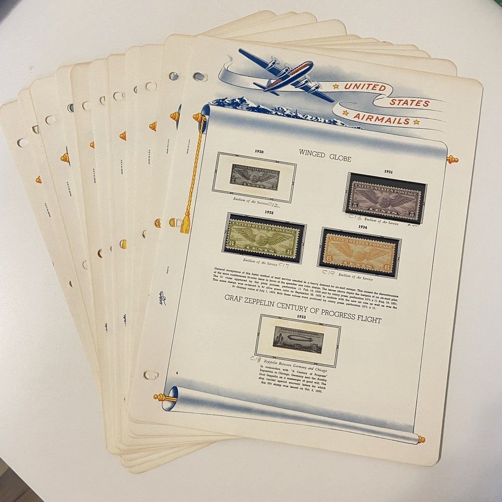 White Ace United States Airmails 12 Album Pages 1930-1968 With Mounted Stamps