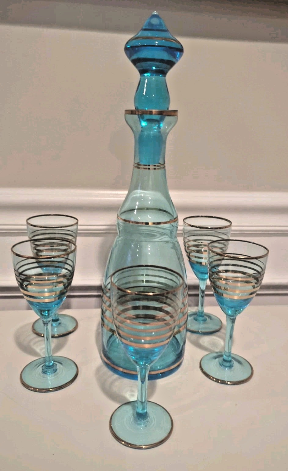 MCM Vintage Teal Blue & Gold Romanian Glass Decanter 4 Cordial Glasses 7 pc Set