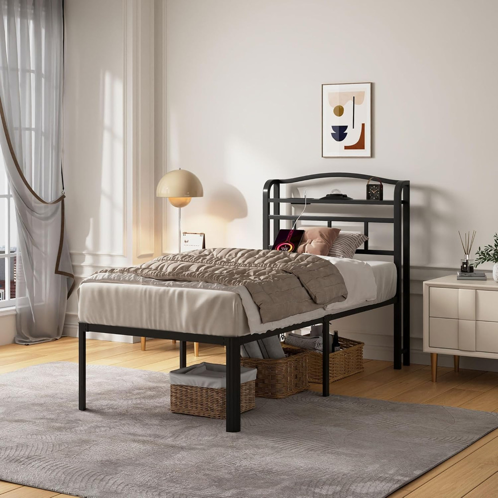 Twin Bed Frame w/ Headboard, 18" Bedframe w/ Galaxy Aurora Projector & Charging