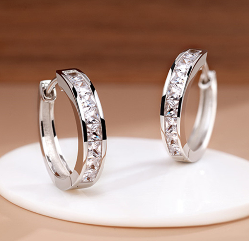 925 Sterling Silver Plated Square Cz Huggie Hoop Earrings 16mm Women Men PE28