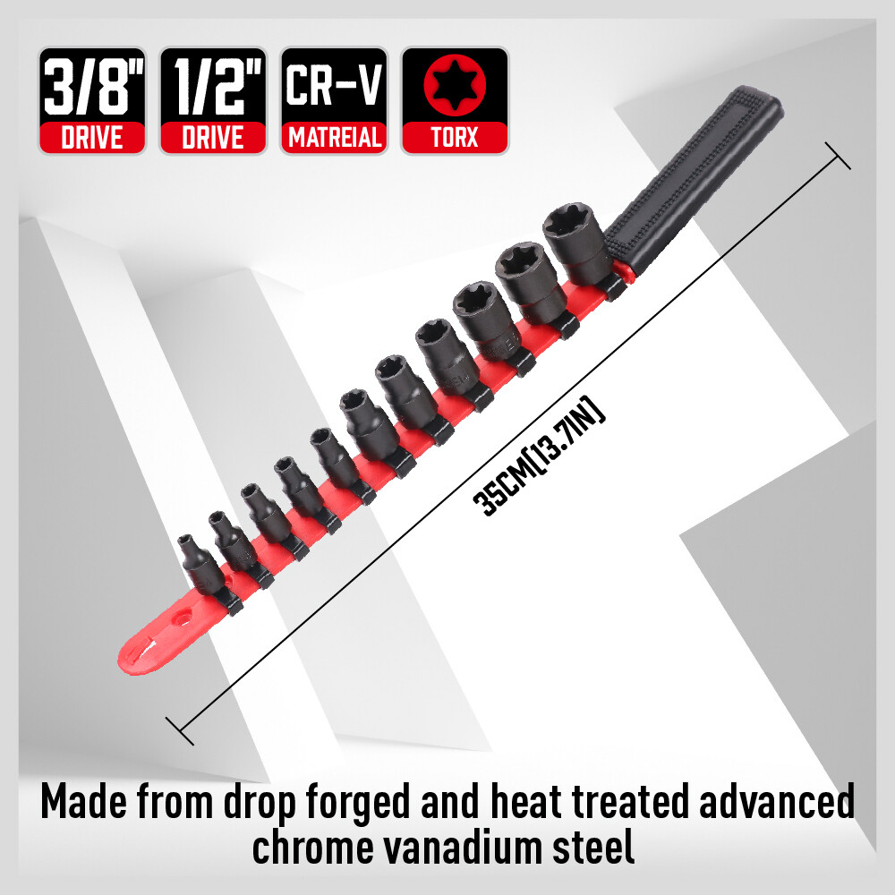 11Pc Female E-TORX Star Socket Set E4 - E20 With Single Handle Socket Organizer