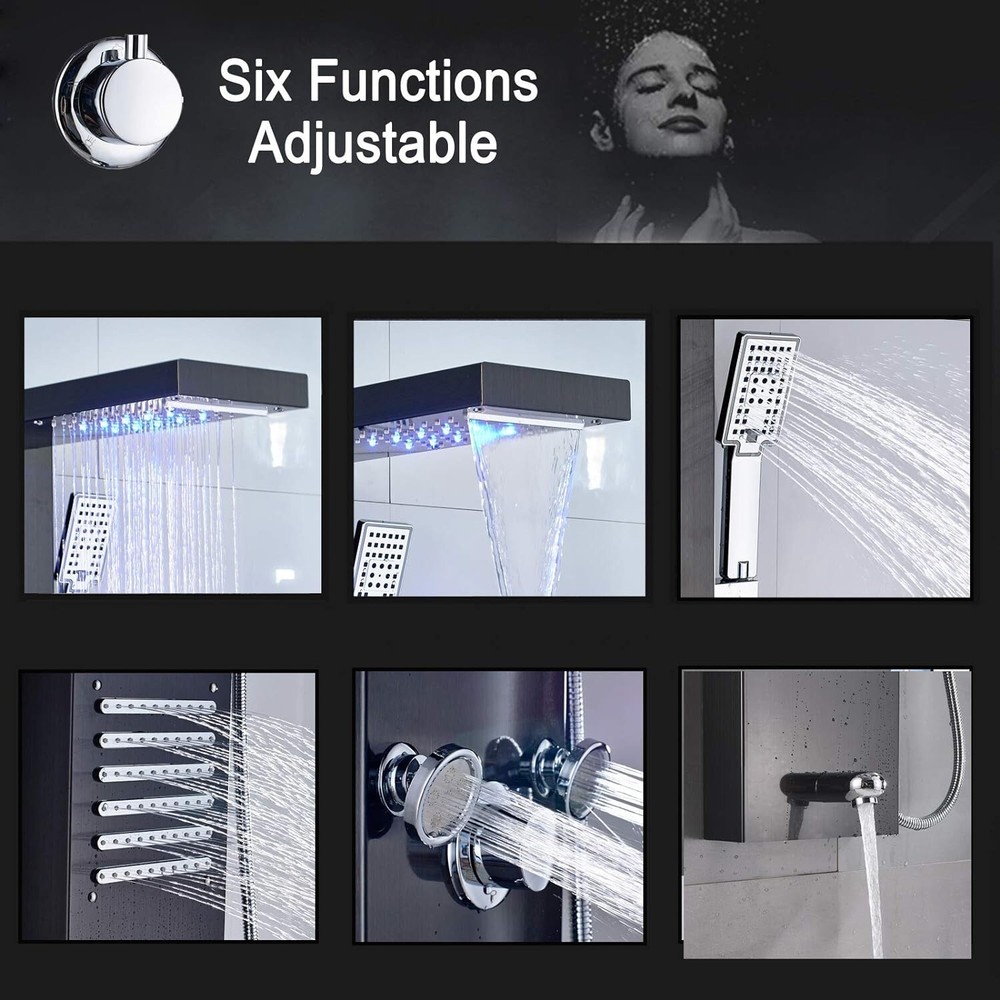 Black LED Shower Panel Tower System Rainfall Waterfall Shower Head w/ Body Jets