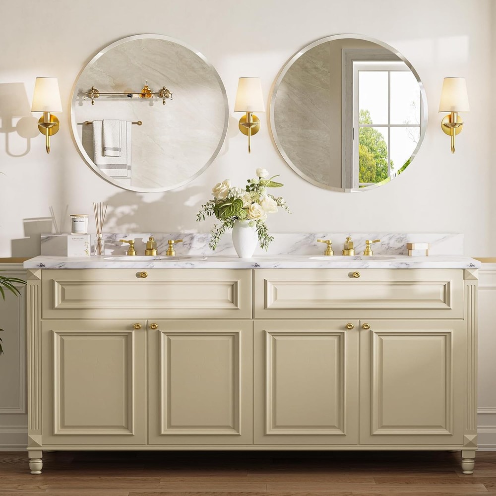 30" Frameless Round Bathroom Mirror - Beveled Vanity Mirror with Support Panel