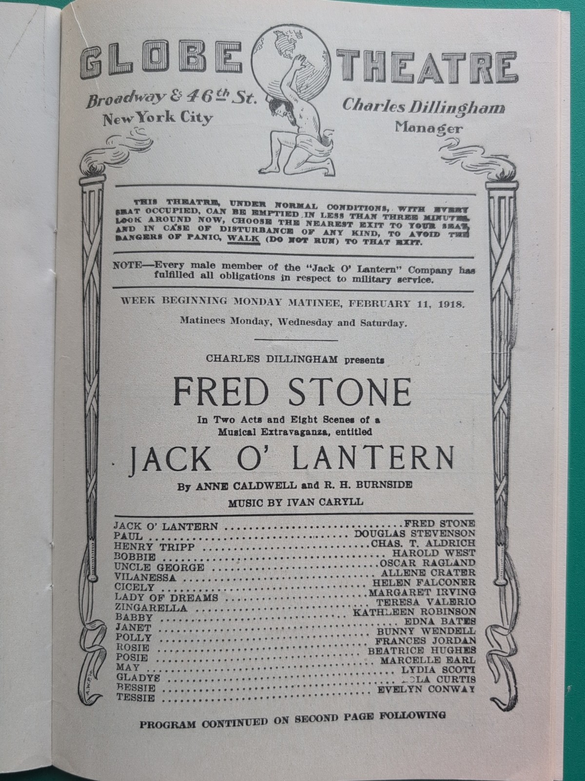 1918 Jack O'Lantern Playbill Program Fred Stone Globe Theatre Broadway New York