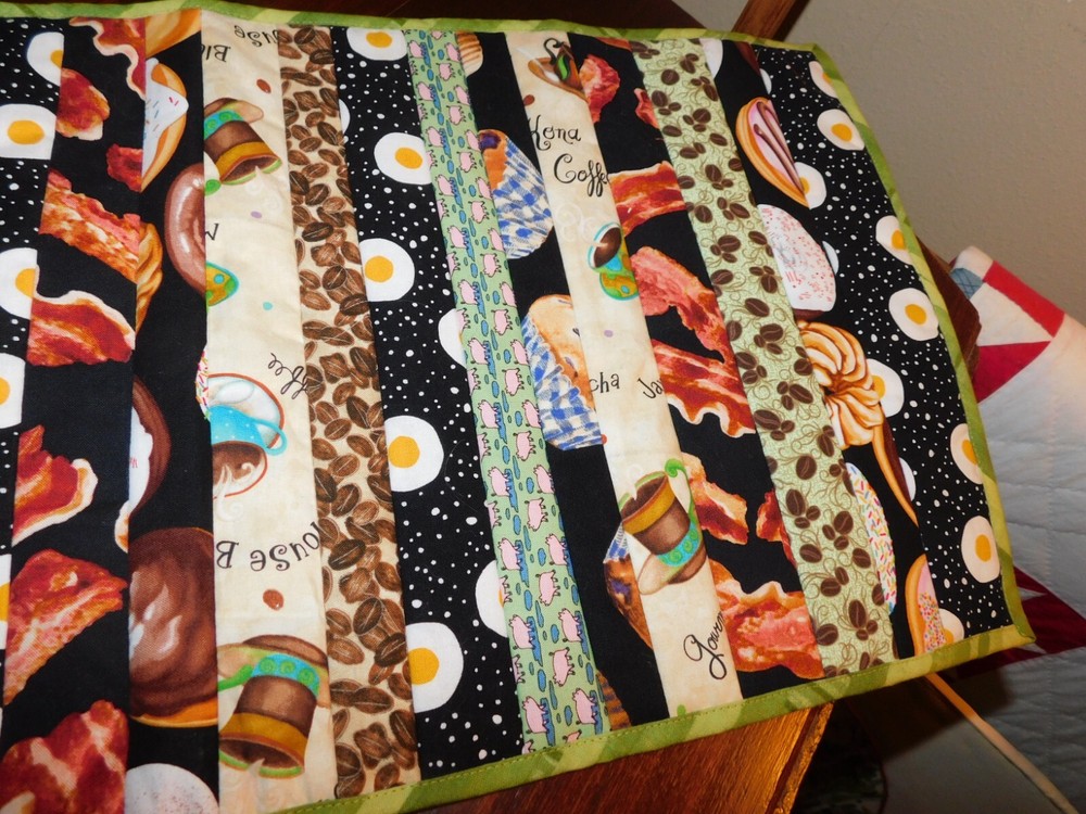 Breakfast Handmade Quilt Panel Table Runner Pieced Strips Coffee Eggs Bacon