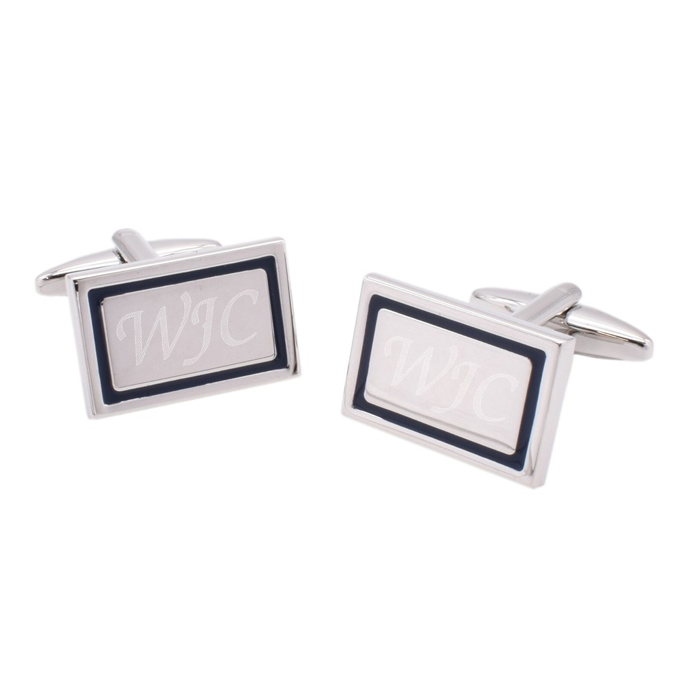 Personalised with Initials Rectangle with Navy Outline Cufflinks in a Gift Box