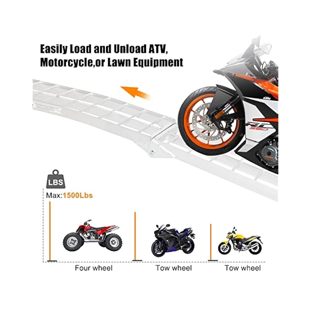 Foldable Motorcycle Loading Ramp, 7.5' Aluminum Arch, Secure with Straps