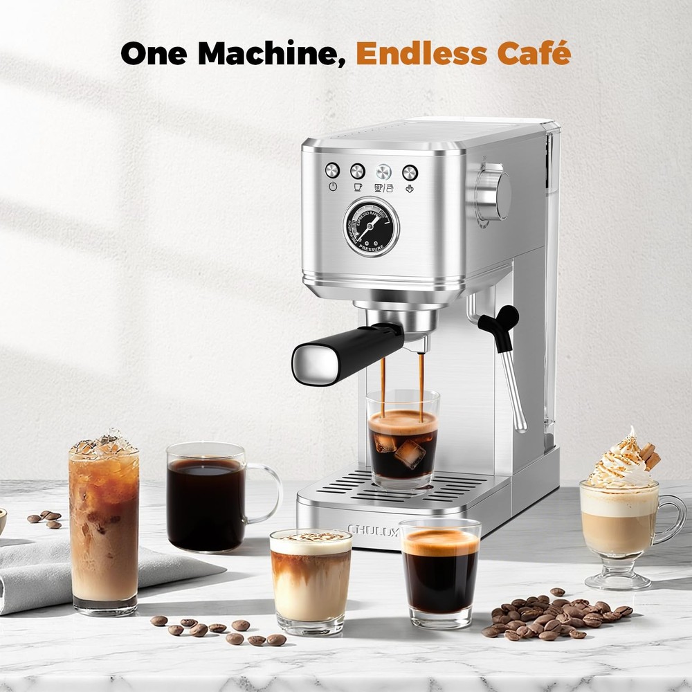 CHULUX Elite Espresso Machine 20 Bar, Compact Medium, Sterling Silver