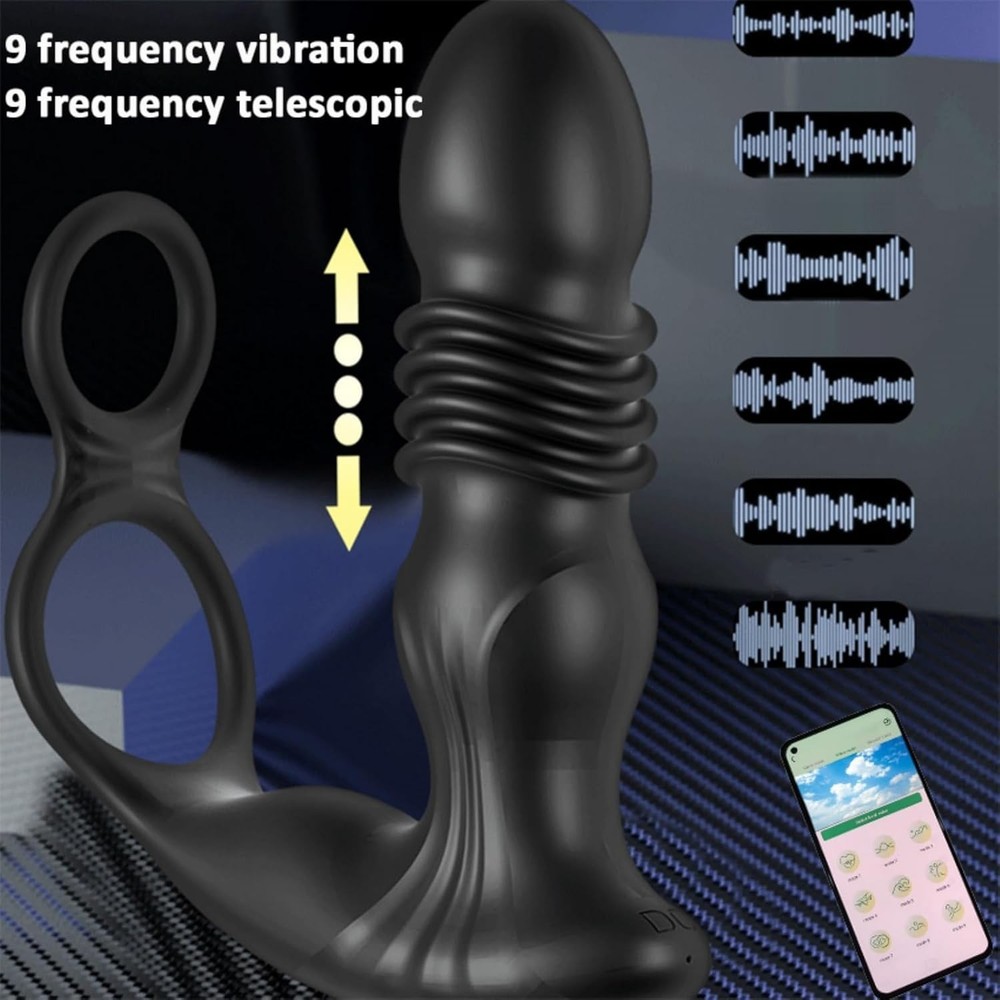 Prostate Massager Anal Vibrator Thrusting Vibrating with Cock Ring Butt Plug APP