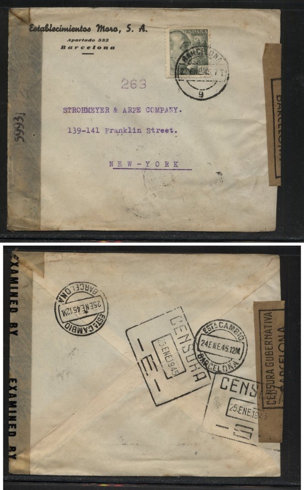 Spain  nice  double  censor  cover  to  US  nice markings        MS0210