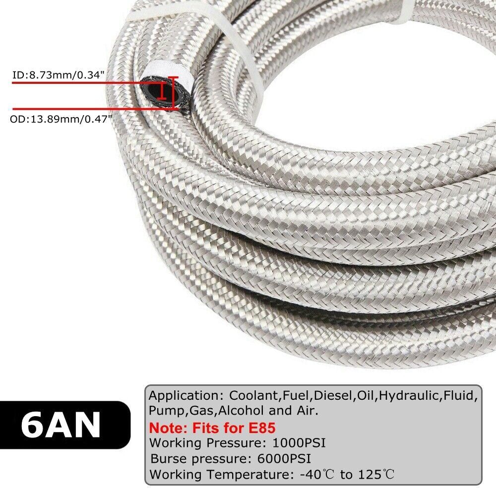 6AN 3/8" Fuel line Hose Braided Stainless Steel Oil Gas CPE Silver 10FT/20FT