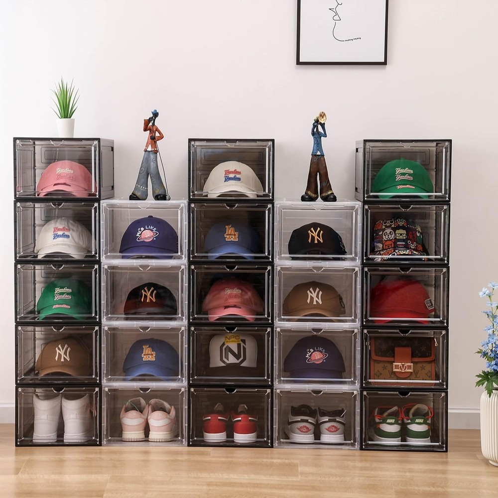 Stylish Clear Black Hat Organizer – 6 Stackable Boxes with Magnetic Closure