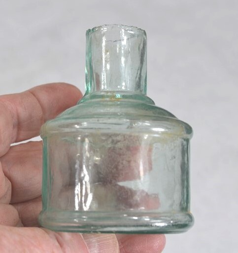 antique ink bottle lot round, cottage, desk 4 sheared tops light aqua original