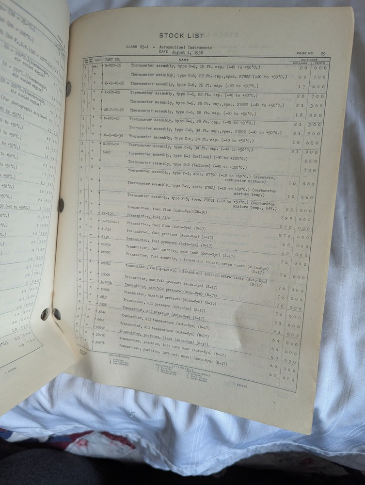 1938 Stock List Aeronautical Instruments Wright Field Class 05-A