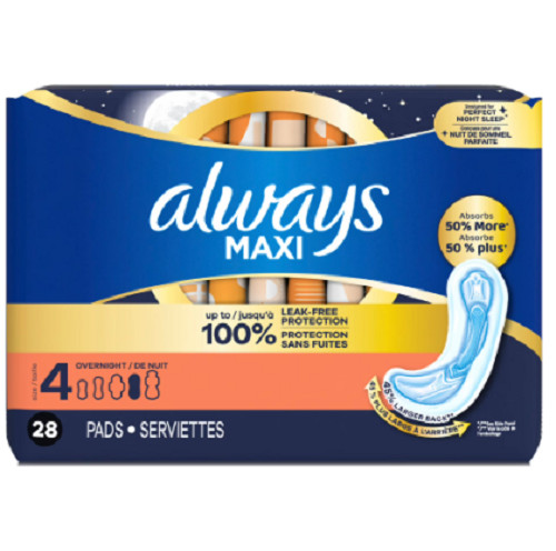 Always Maxi Pads without Wings, Size 4, Overnight Absorbency, 28 count