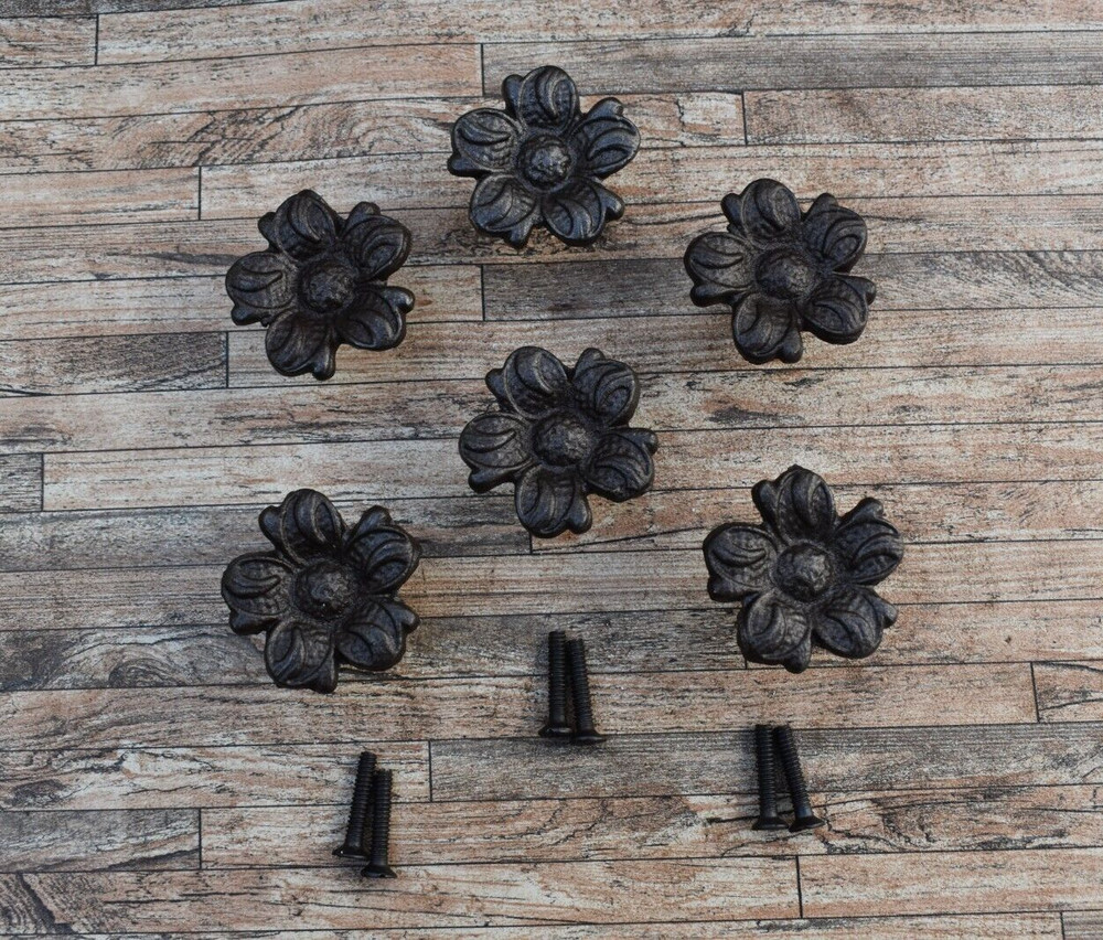 6 pcs Vintage Cast Iron Knobs Flower Drawer Cabinet Door Kitchen Pulls Handles