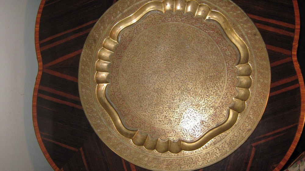 Large Middle Eastern Brass and Enamel Tray 21"