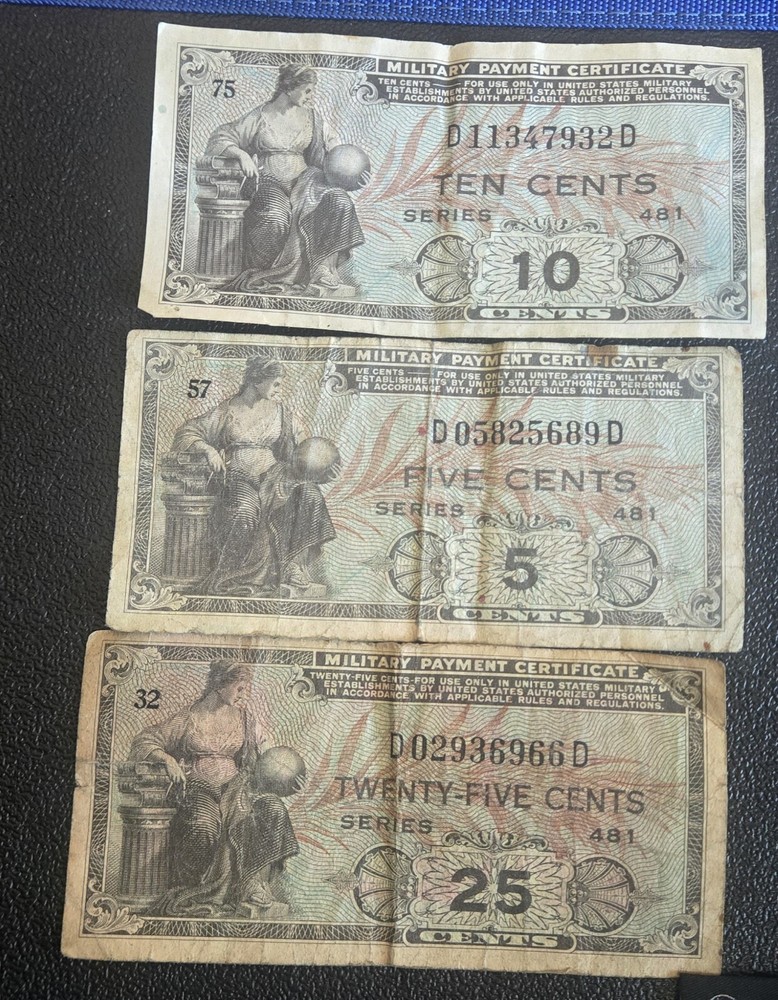 3 Note Lot Military Payment Certificates Mixed Denominations