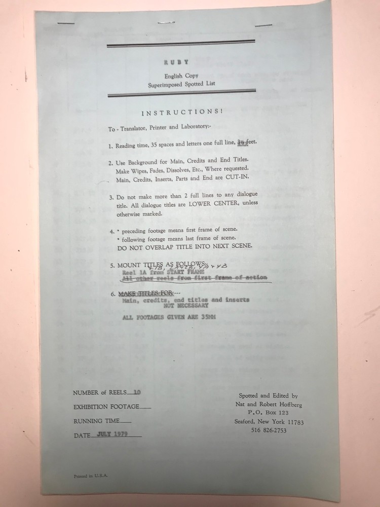 1979 Horror Movie RUBY Script & Superimposed Spotted List