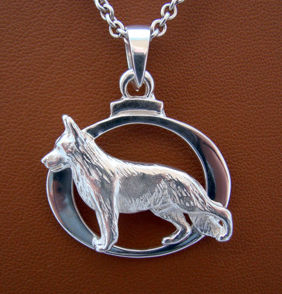 Large Sterling Silver German Shepherd Dog Standing Study On A Horizontal Oval Fr