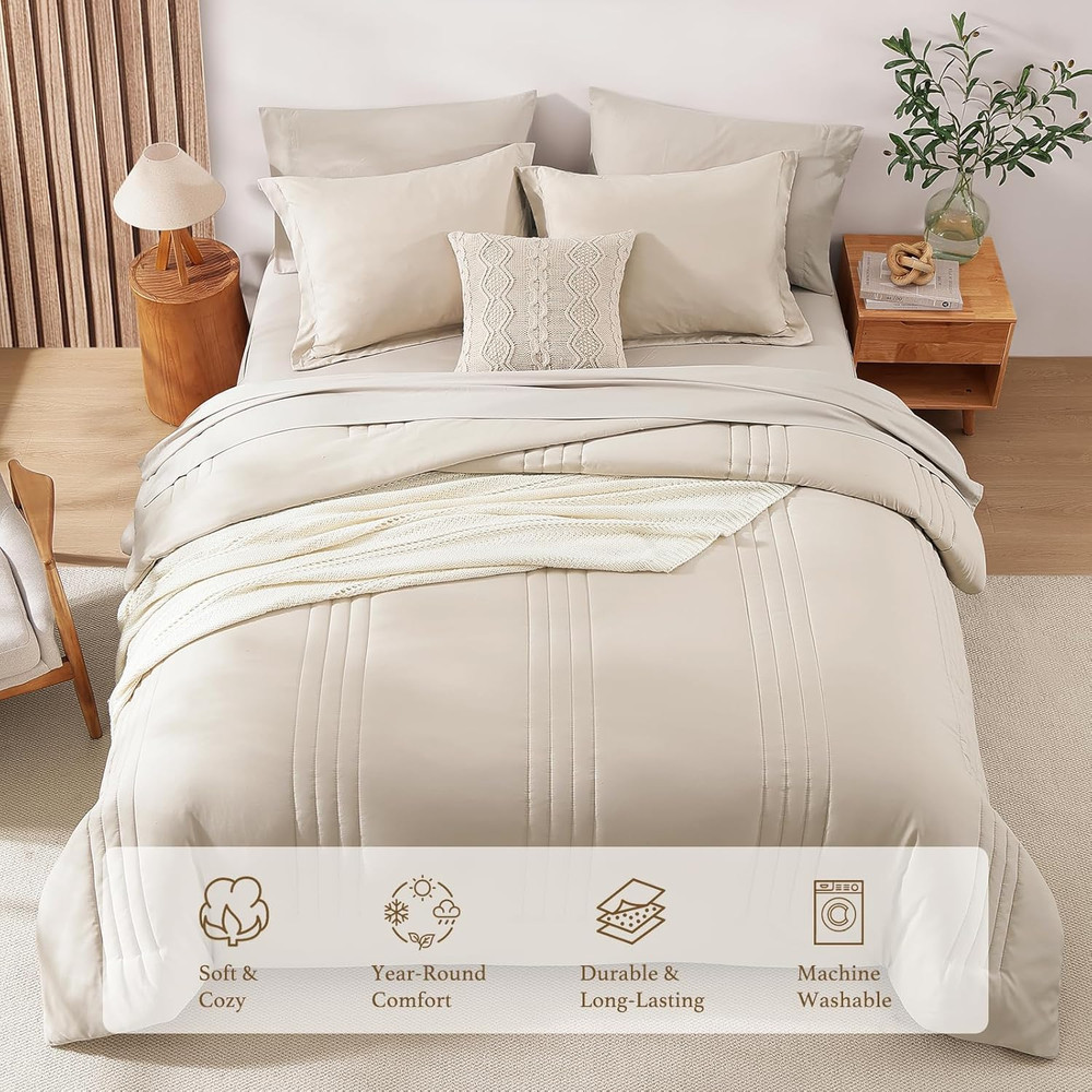 Queen Comforter Set - 7 Pieces Beige Bed in a Bag Queen Bedding Sets with Comfor