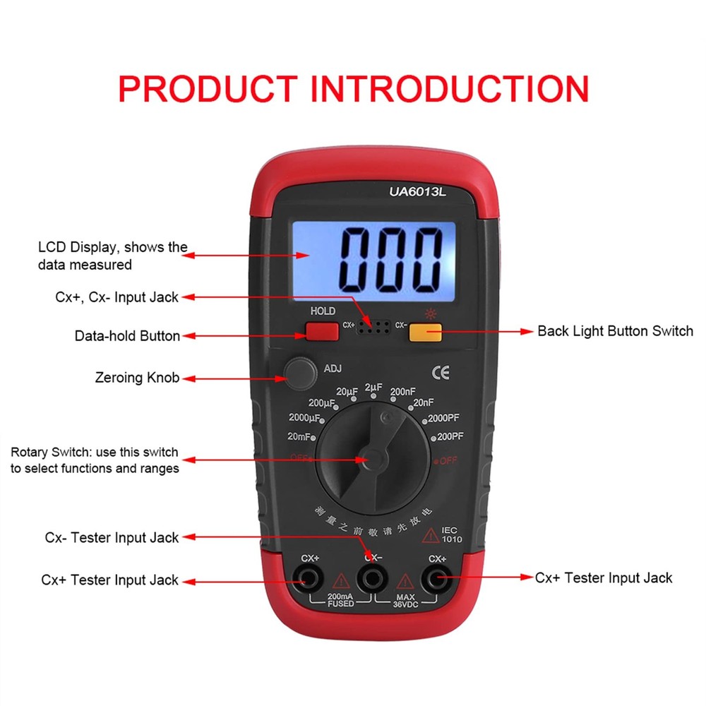 Digital Capacitance Meter, Multimeter Professional Capacitor Tester, 0.1pF-20...