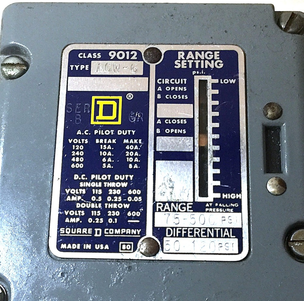 SQUARE D 9012 TYPE ACW-6 SER B PRESSURE SWITCH 75-500 PSI RANGE