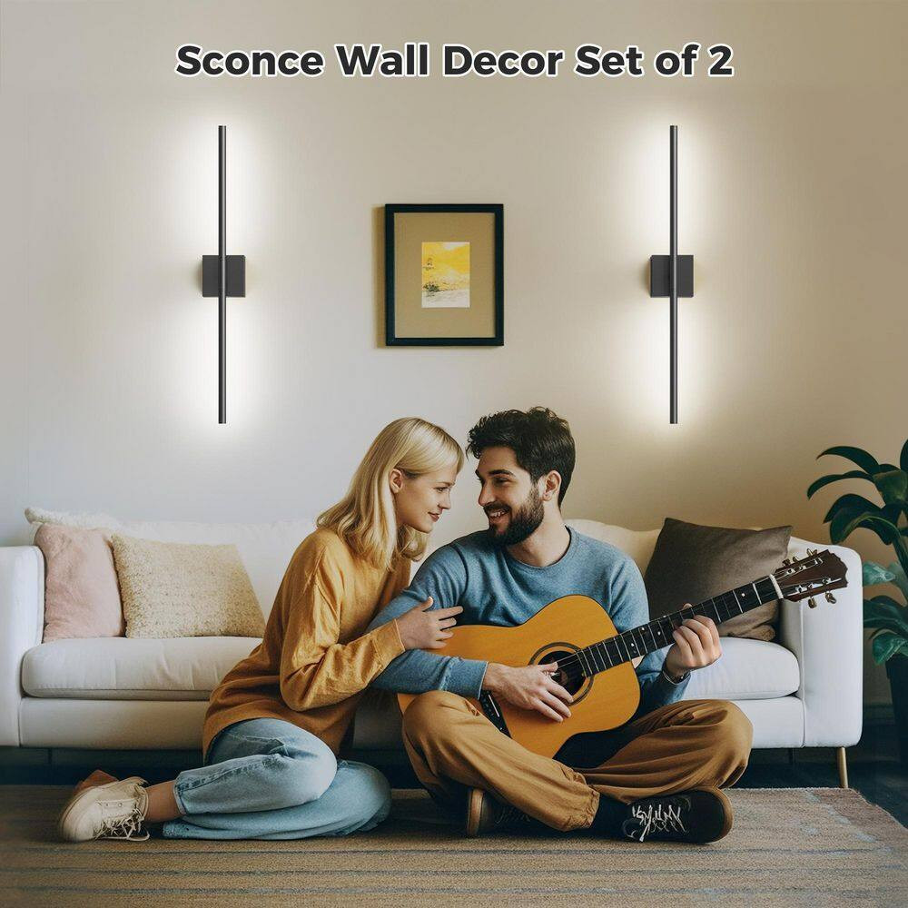 2-Pack Black Dimmable Timing Integrated LED Wireless Wall Sconces with Remote Co