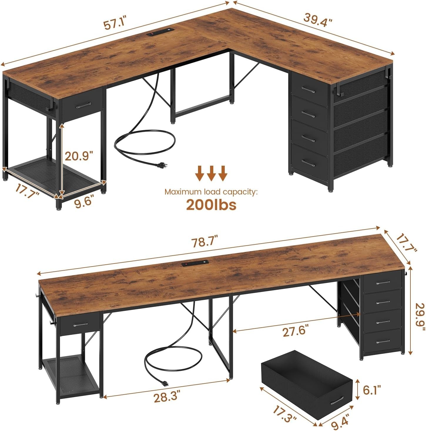L Shaped Computer Desk with 5 Drawers Modern Reversible 78.7" Long 2 Person Desk